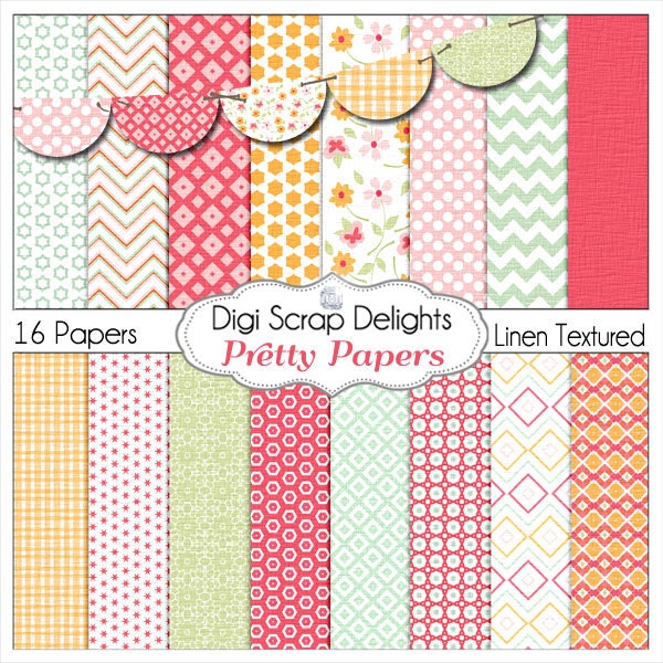 Pretty Papers Digital Scrapbooking Scrapbook Paper Linen Texture in Red, Orange, Pink, Green with Bunting, Instant Download