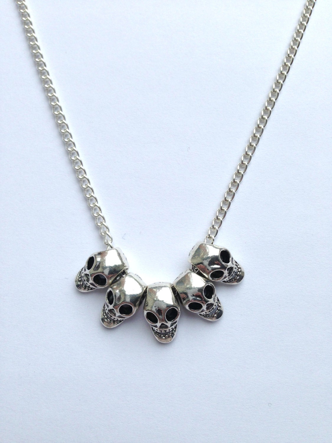 Small Cute Gothic Hipster Grunge Silver Skull Row Bead Necklace