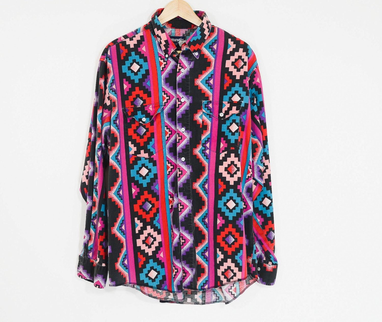 90s Acid Cowboy / Vintage Wranglers / Geometric Southwestern Print Button-Up