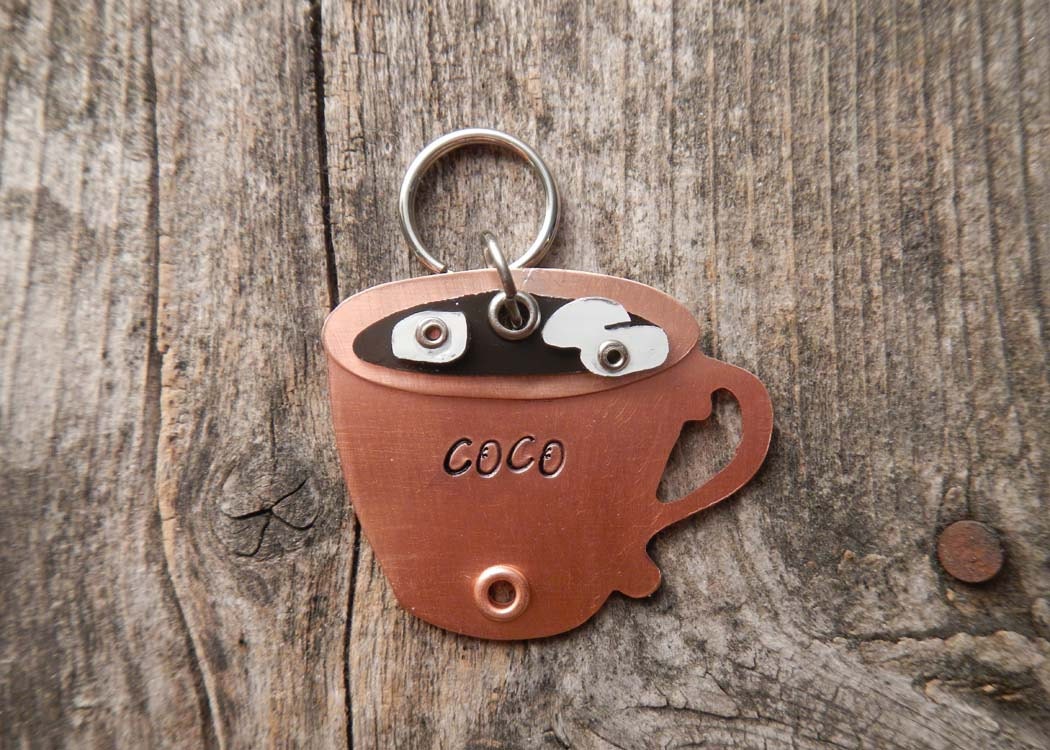 Pet Tag Dog Tag ID Artisan Charm Hot Cocoa Coco Coffee Tea Cup Chocolate Name Copper Custom Circle Rivets Stamped Keychain Pendant Pet Lover
