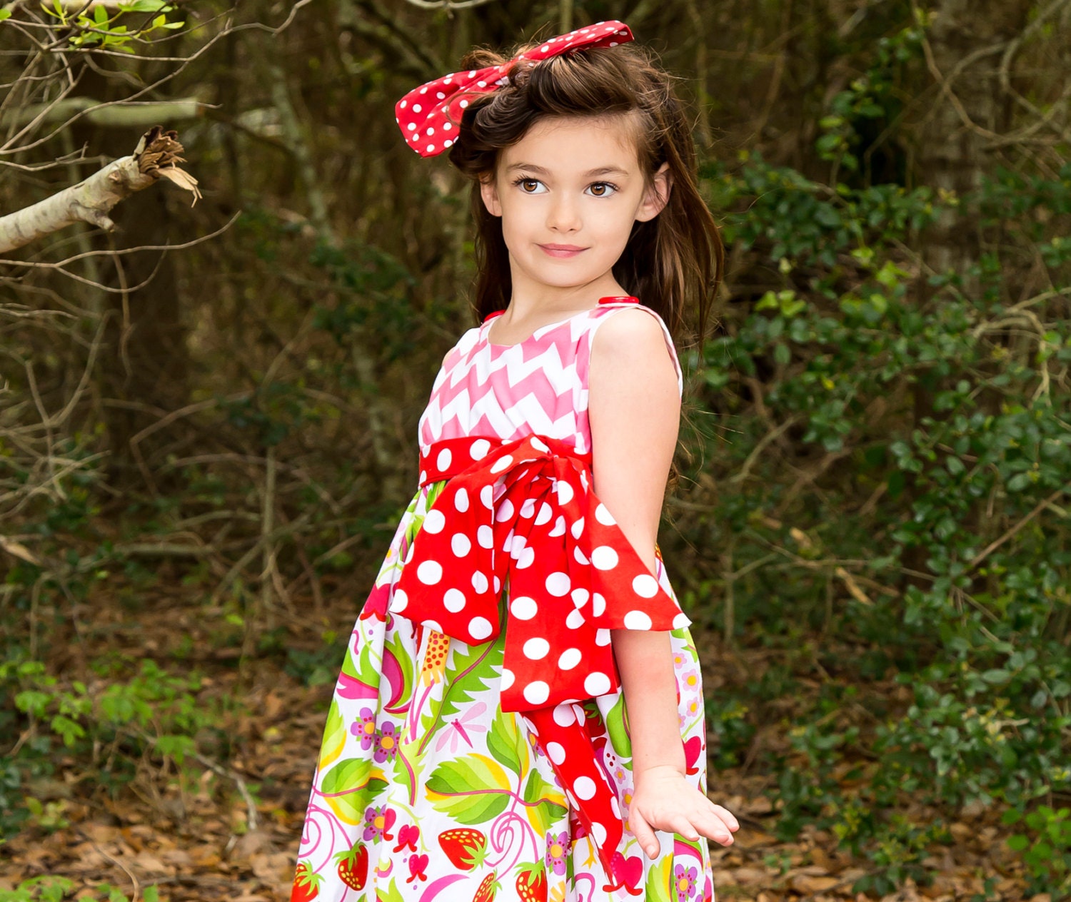 Venice Dress - Wedding - Chidlren Clothing - Natural Floral Dress - Red Polka Dots Bow - Dress with Bow - Children Fashion -  2T to 6T