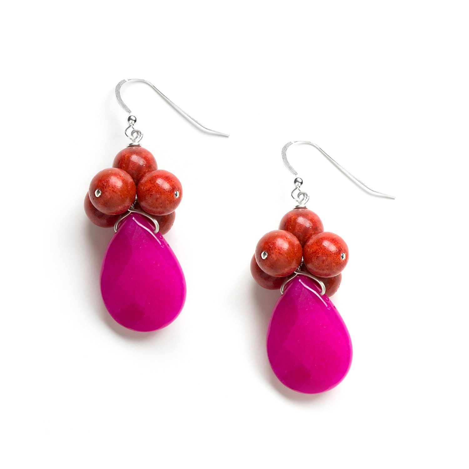 Red Coral Earrings by Kluster Happy Jewelry. Poppy Red Coral and Bright Pink Jade Earrings. 100% Sterling Silver.