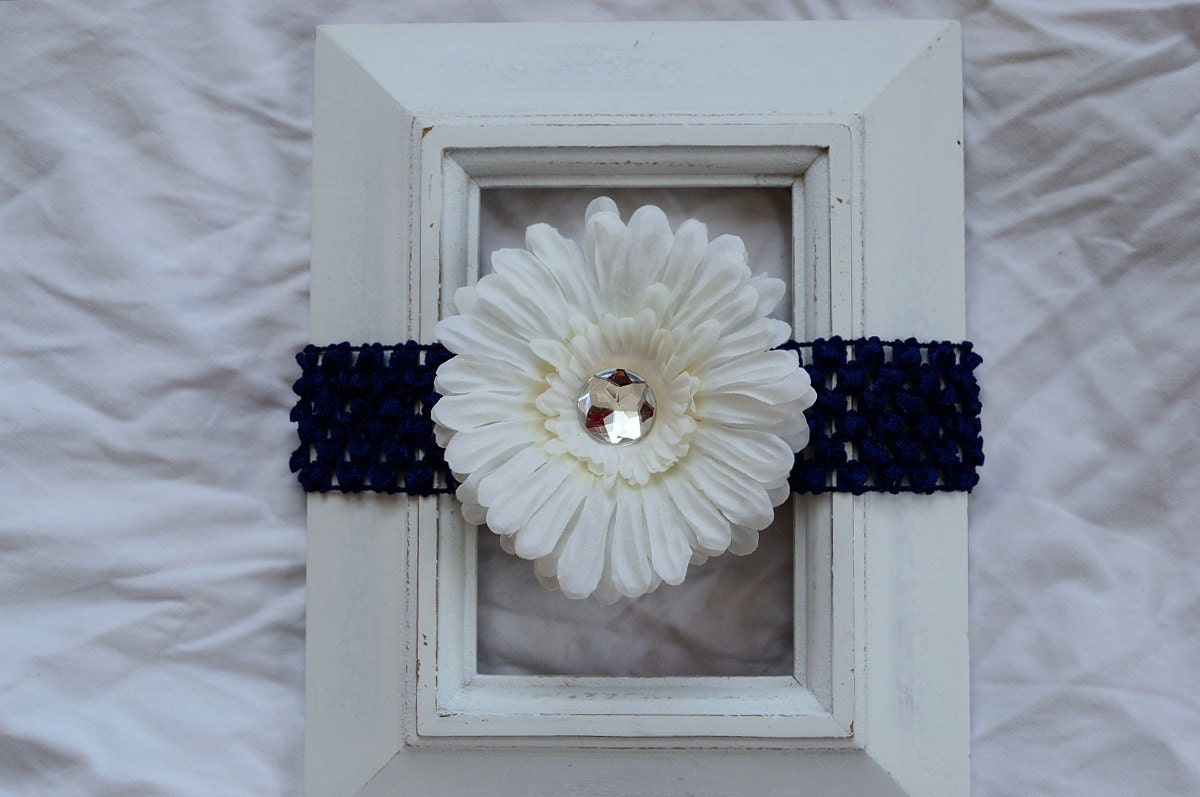 FREE SHIPPING in the U.S. - Navy Blue Crochet Elastic Headband with Removable Ivory Flower Clip