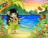 Hawaiian sunset art - hula girl painting - hawaii art - children's painting - kids wall art - beach painting - 8.5 x 12 inch print