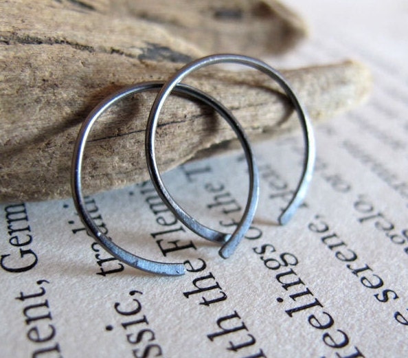 Small Oxidized Sterling Silver Hoop Earrings - Black Hoops - Elegant Hammered unisex Hoop earrings for everyday wear