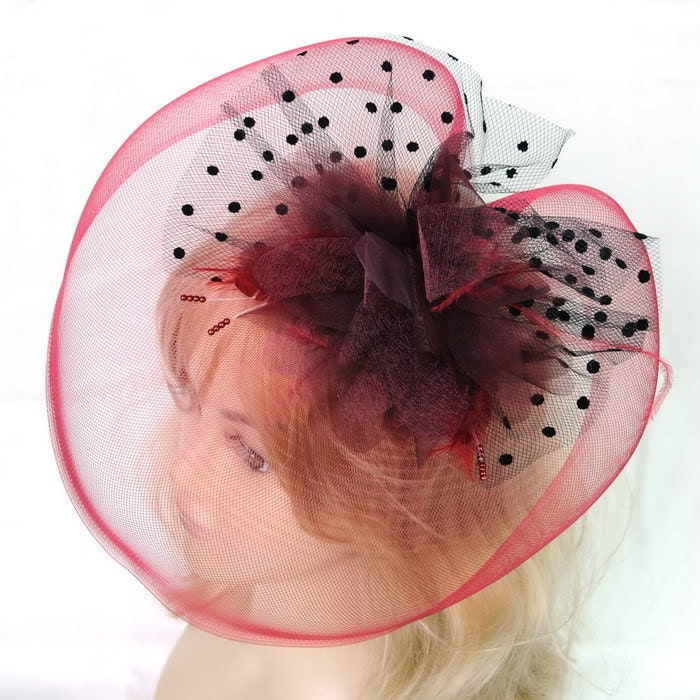 large  burgundy red feather hair clip top hat flower veil fascinator wedding bride bridemaid