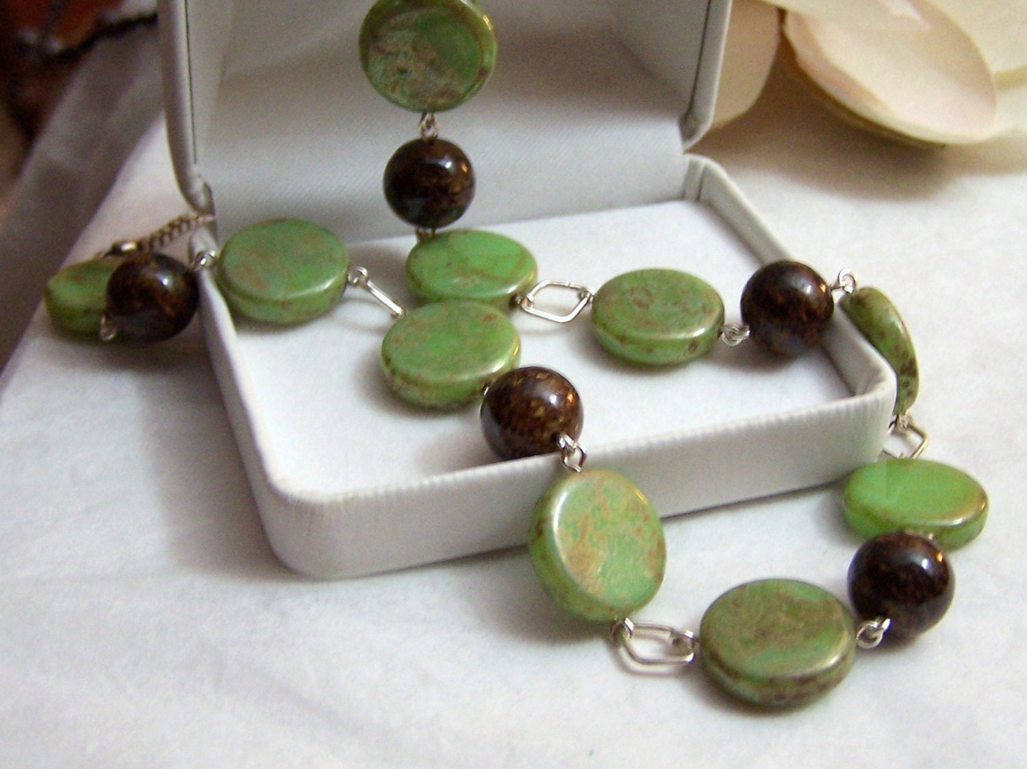 Bronzite Sterling Necklace Diamond Link Picasso Finish Pistachio Green Glass Wire Wrapped 18 Inches Handmade Artisan