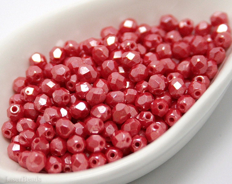 Red Czech Fire Polished Beads 4mm (50) Opaque Round Glass Small Polish Faceted Tomato Amaranth