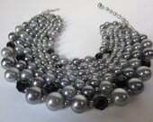 Vintage 7 Strand silver gray pearl and black Beaded Necklace