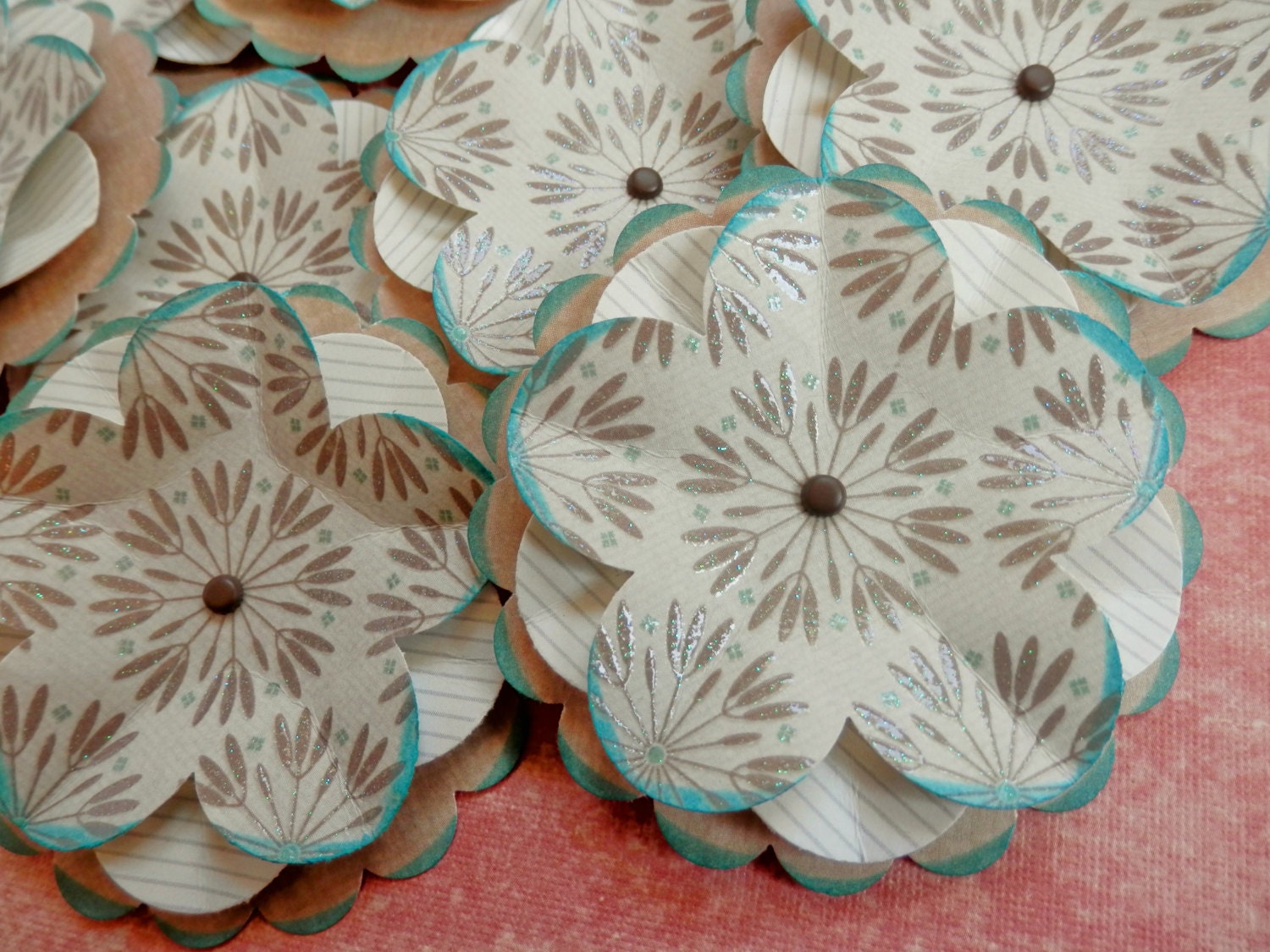 LAST SET - 4 Paper Flowers - Aqua Khaki Cream - Subtle Shine and Sparkle