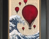 Mixed media with Acrylic Painting of  Hokusai's Great Wave with Red Balloons Ink and Paint Print on 1860's Antique Page