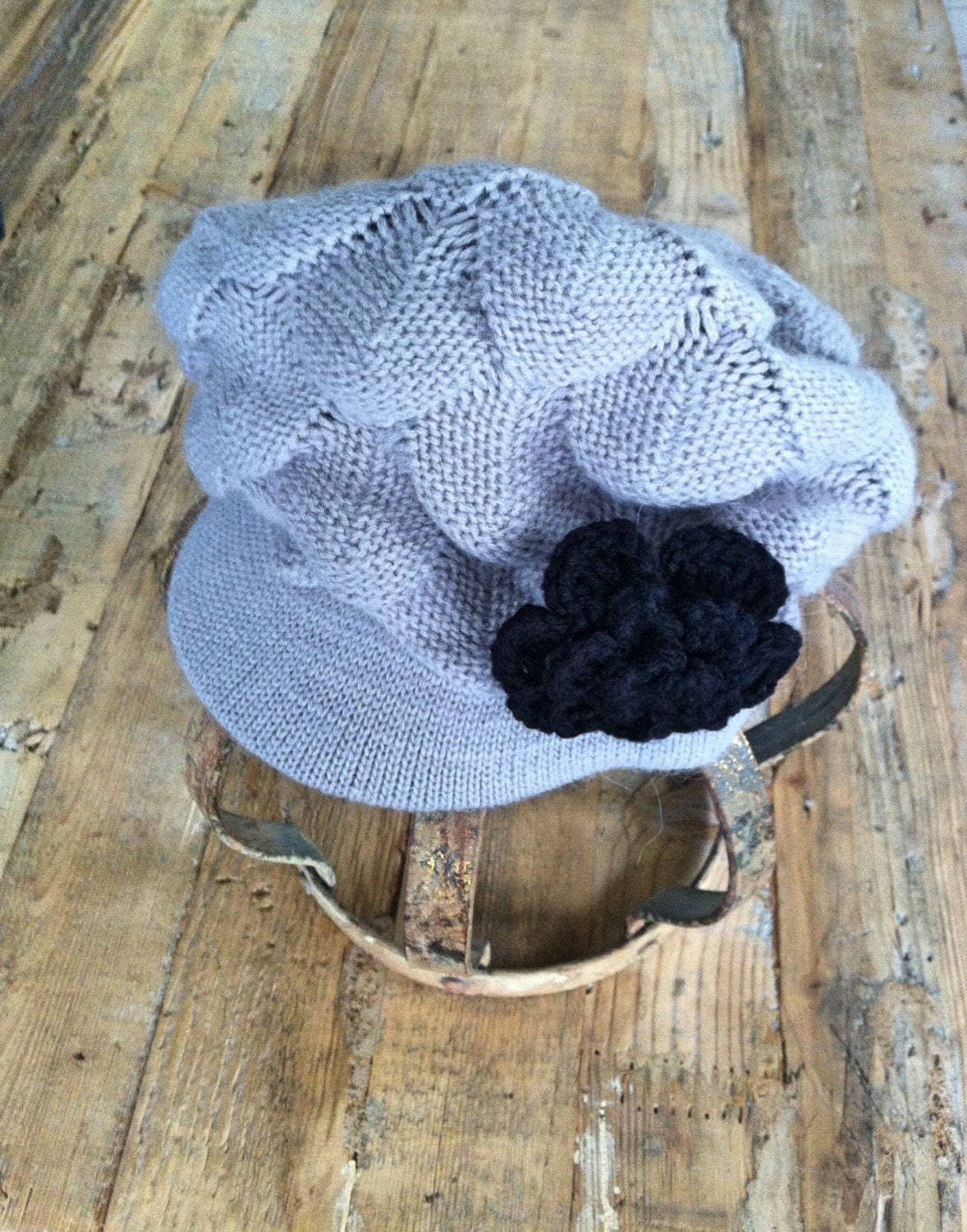 Brimmed Hat with Knitted Flower Grey Knitted Winter Cap with Hand Knitted  Black Accent Flower