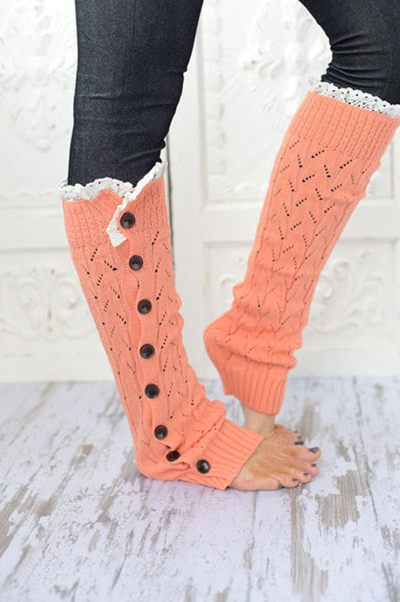 Coral Lacy Knitted Button Down Leg Warmers Boot Cuffs (LWK1) with Crochet Trim Button Up LegWarmers