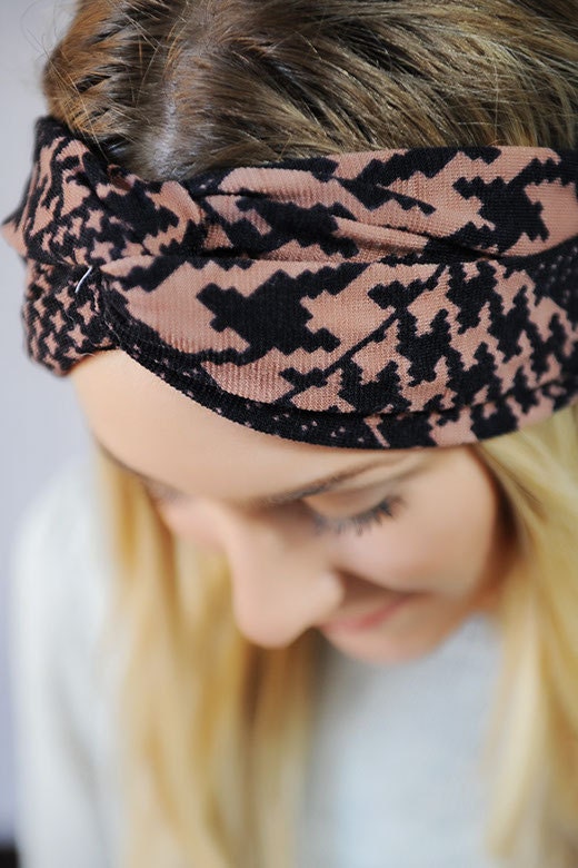 Fashion Turban Headband CARAMEL and Black Tribal Aztec Headband Knit Wide Turband Twist Headband