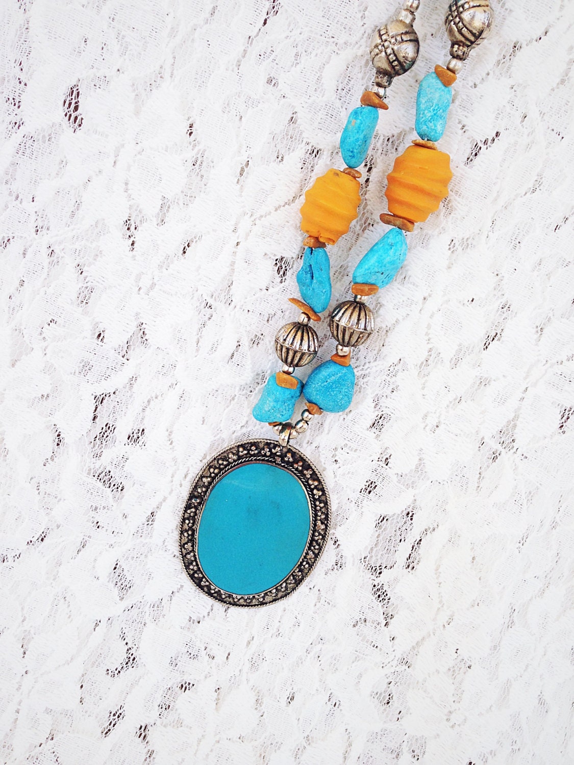 Vintage Boho Beaded Necklace with Turquoise Charm Long Beaded Stone Necklace Indie Layered