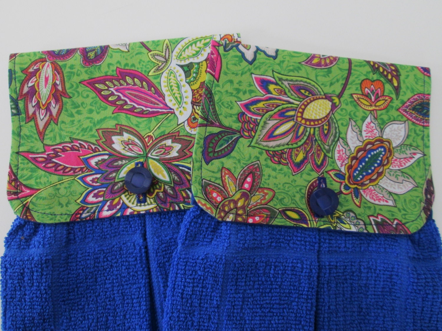 Hanging Kitchen Towel Set- Modern  Green Floral Print Cotton Fabric With Cobalt Blue Terry Cloth Towel Button Closure