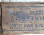 Antique, Wooden Storage Box with Sliding Lid,  Dovetailed Corners, Codfish, Wood Box, Late 1800s Early 1900s, from All Vintage Man