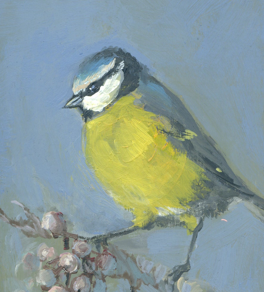 Blue Tit, Bird Painting, Acrylic original painting, Chickadee family blue, grey, yellow, mustard art, acrylic on wooden board painting