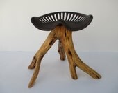 Reclaimed fire burned Oneseed Juniper and Vintage farm Implement Seat Stool