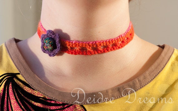 Hippie Crochet Choker - Polymer Clay Fruit Flower Appliqued Ornament - Boho Gypsy Chic Fiber Crochet Jewelry Hand Spun Yarn