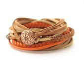 Wrap Bracelet, Boho Bracelet , Brown Orange Beige Boho bracelet, suede, double wrap, boho chic