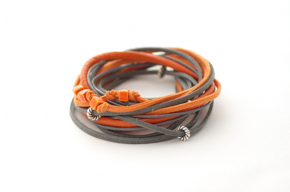 Wrap Bracelet, Leather wrap, Boho bracelet, suede, double wrap, boho chic, orange ceramic beads