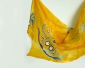 Yellow silk scarf with hungarian patterns, hand painted folk silk scarf