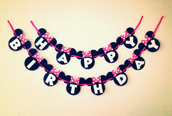 SALE - Simple Minnie Mouse Birthday Banner - Red or Pink Bow - Zebra - White Letters - Mickey Mouse Font - Mickey Mouse Banner