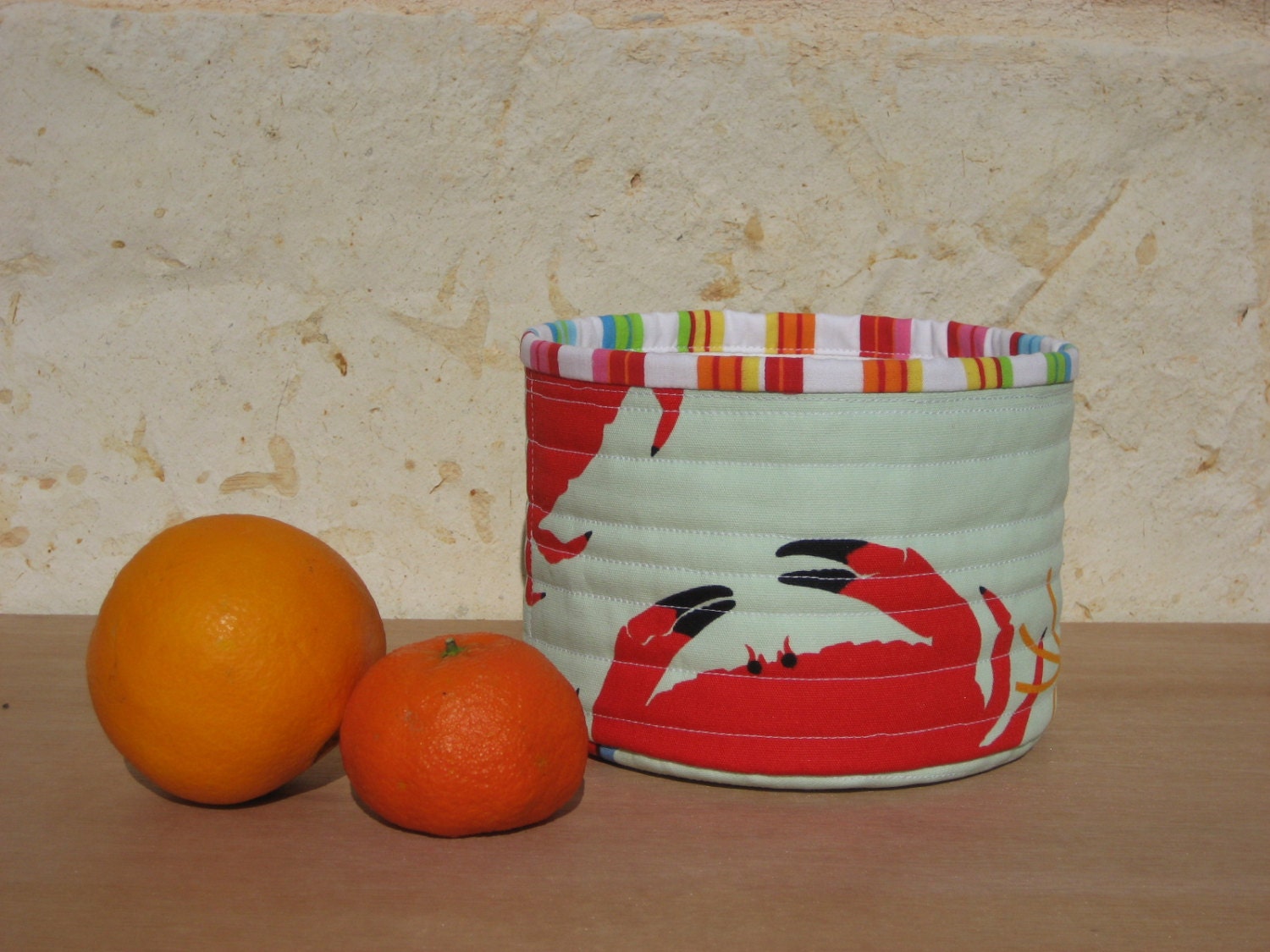 FABRIC BASKET - STORAGE bowl with crab in red, green, orange and white