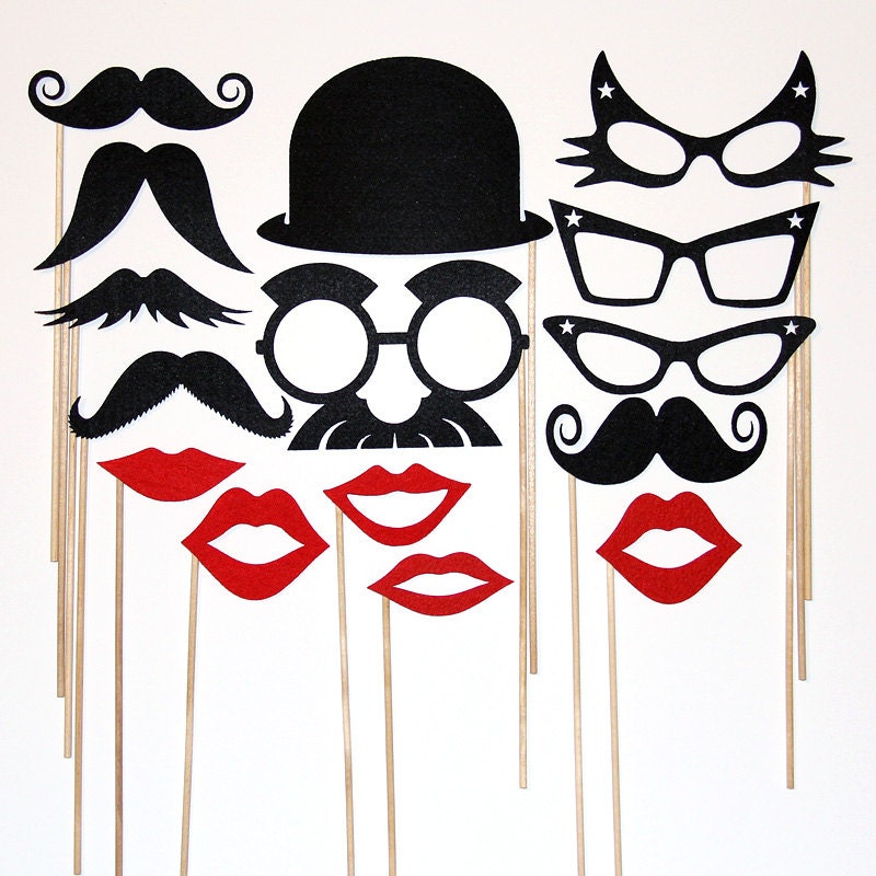 Photo Booth Party Props Mustache On A Stick  Fun Weddings, Birthdays -  Photography Prop Mask -Lips, Derby Hat And Retro Black Eye Glasses