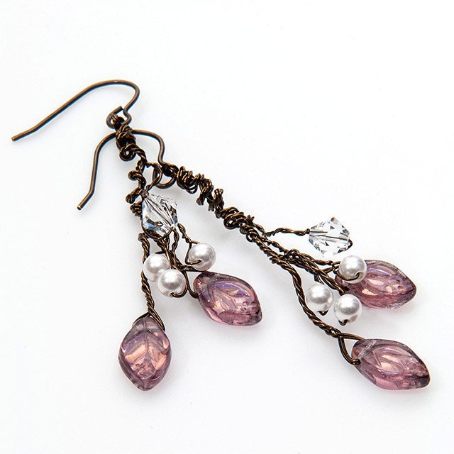 Purple Dangle Earrings, Leaf Earrings, Art Nouveau Jewelry, Faerie Earrings,