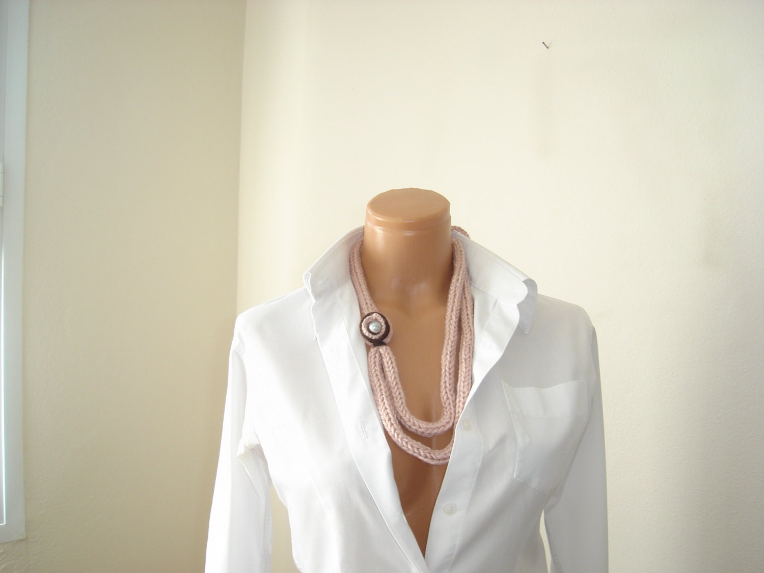 Powder color, pink crochet necklace and bracelet, lariate, jewelry,scarf, neckwarmer, belt