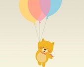 Nursery art print, Children's art print. A lovely kitten flying high with colored balloons on light grey background, 8x10, Art print.