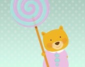 Nursery art print, Kids art print. Little kitten with a colored lollipop on a mint background with dots, 5x7, Art print.