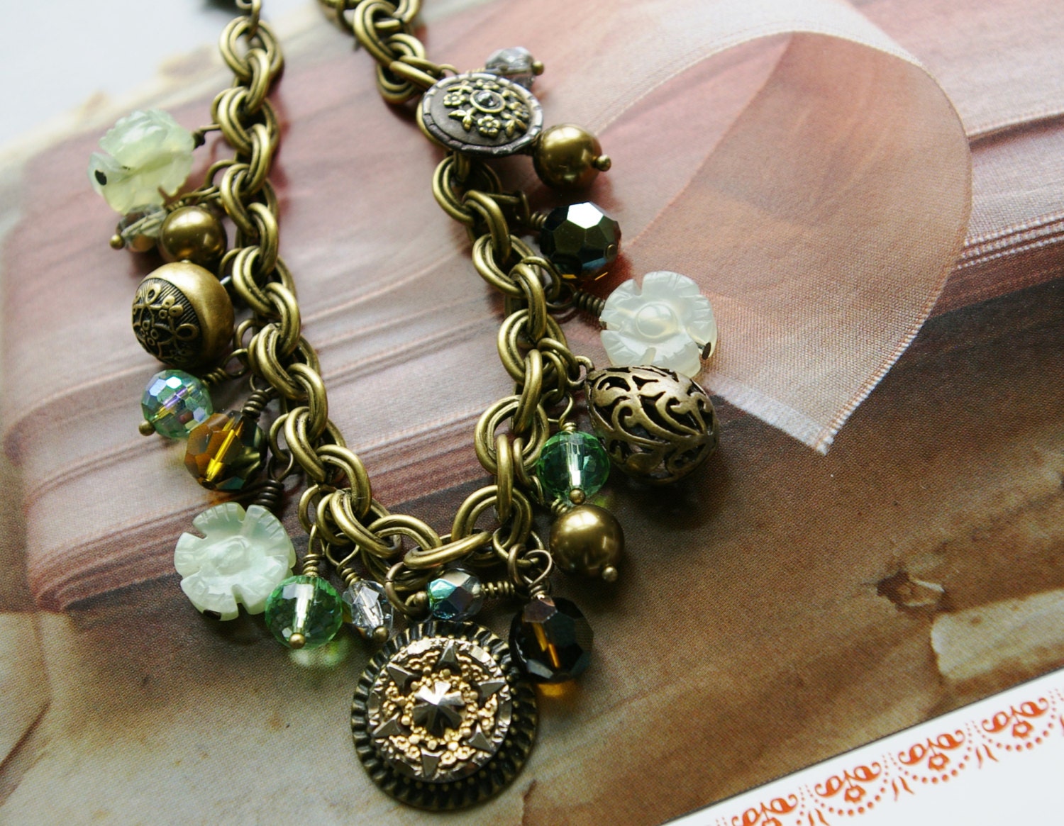 Vintage Button Bracelet, Charm Bracelet, Antique Button and Crystal Bracelet, pale Green and Gold,