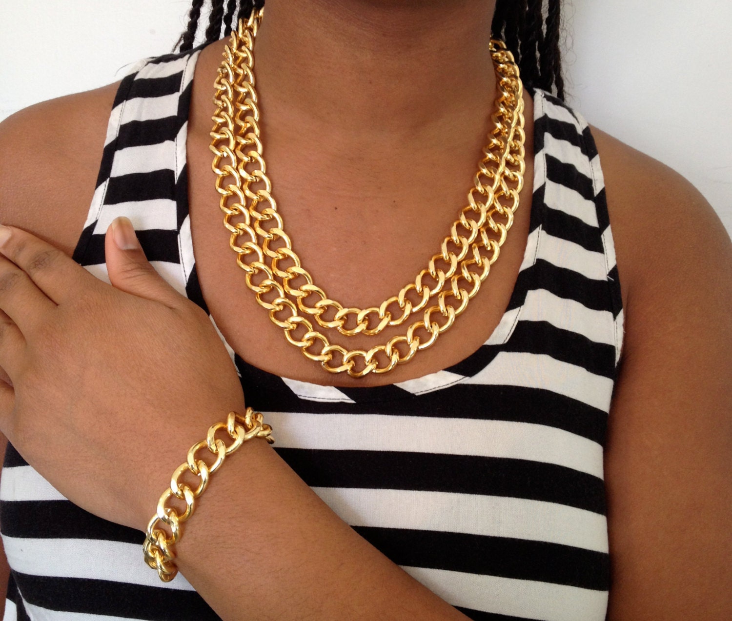 Chunky Double Chain Link Necklace/Bracelet Set in Gold or Silver