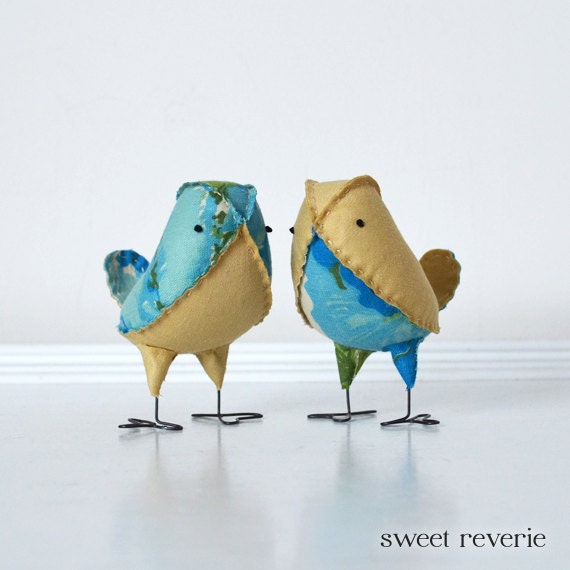 Fabric Bird Wedding Cake Toppers - Mini Turquoise, Emerald and Tan Love Birds, Spring Summer Floral Garden Party Wedding - Made to Order