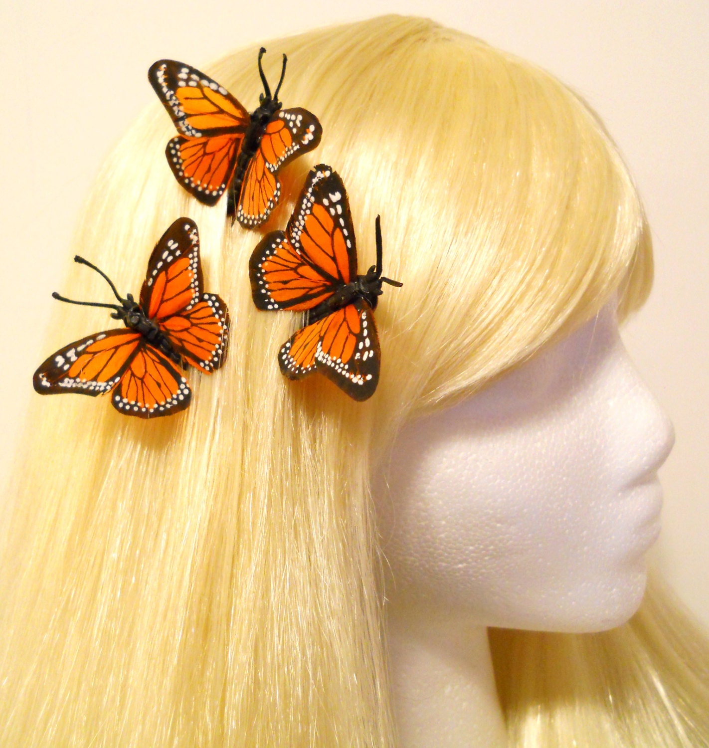 3 Monarch Butterfly Hair Bobby Clip, Feather, Orange, Wedding, Bride, Bridesmaid, Flower Girl, Fairy, Teen, Natural, Summer Fun
