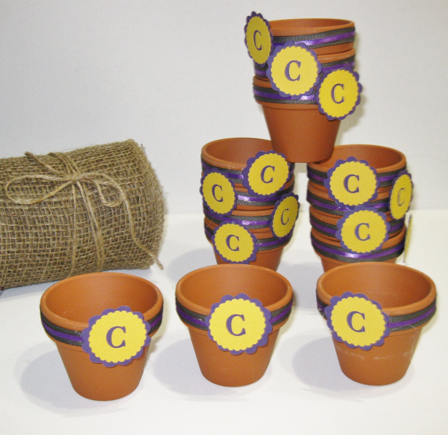 Wedding 2" Clay Pot Favors Customized and Personalized, Wedding Accessories, Clay Pot Favors - Sunflowers Purple Grey Yellow