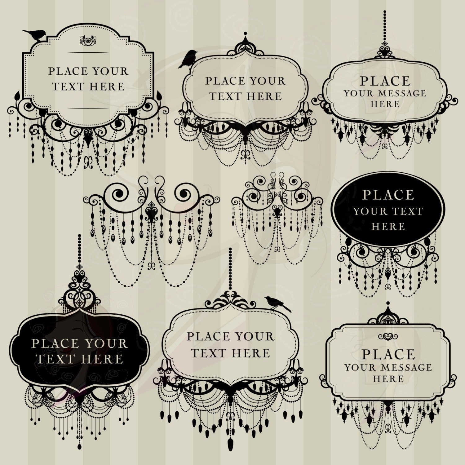 Digital Clip Art Frame Chandelier Vintage DIY Wedding Invitation Scrapbook Calligraphy Victorian Design Transparent Black Middles 10454