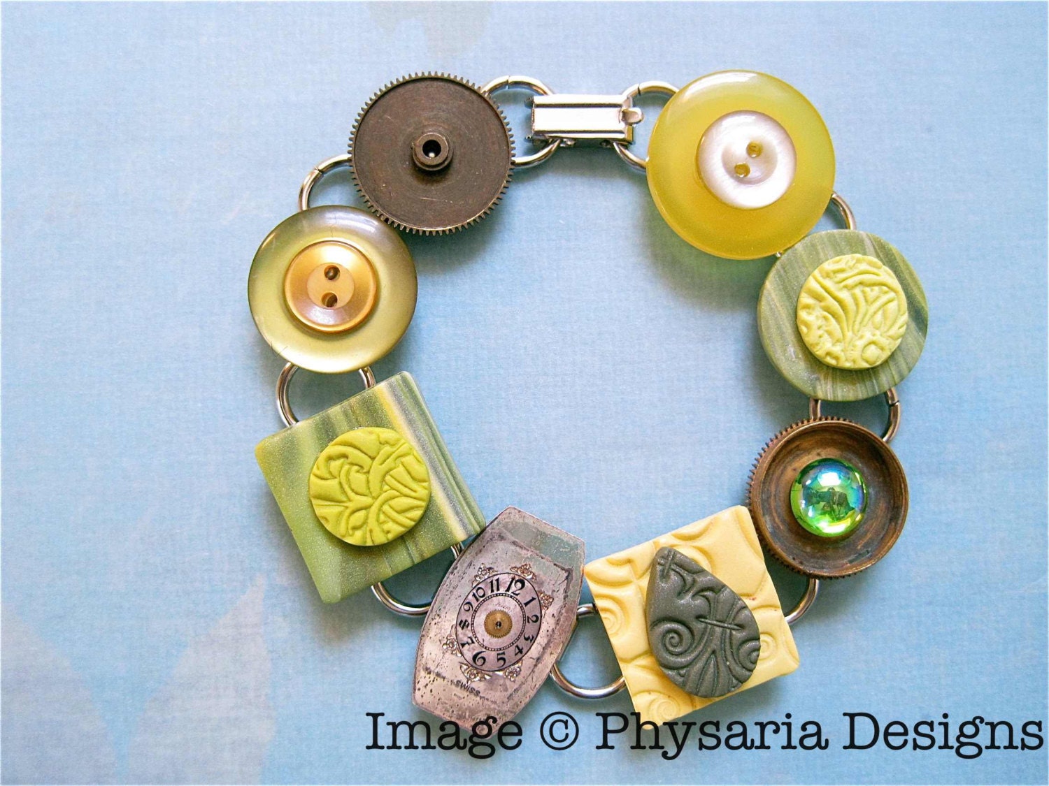 Assemblage Bracelet Clay Tiles Upcycled Watch Parts Yellow Green Biggerer