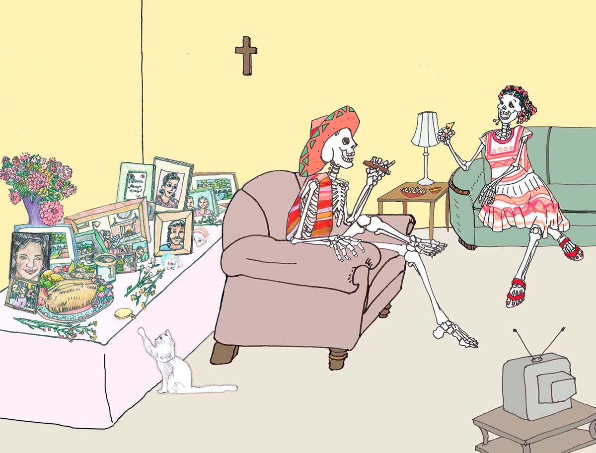 Day of the Dead Mexican Cultural Traditional Ofrenda Print Skeletons Bones Man Woman Living Room Home Decor