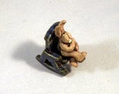 Rockin Rabbit - Tiny Sculpture of Rabbit in a Blue Rocking Chair - Stoneware Pottery Sculpture