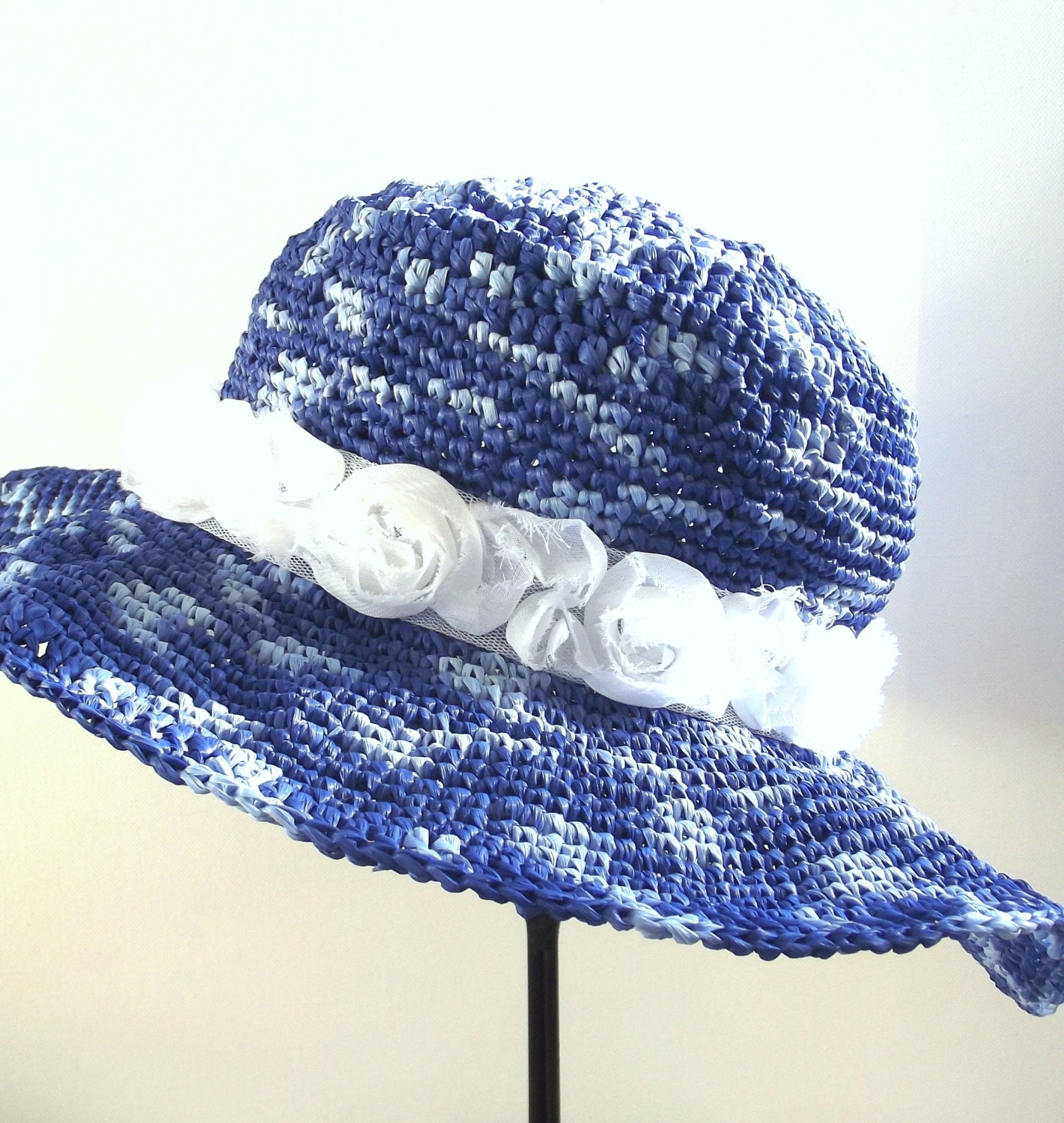 Cotton Grass Hat, Sun Hat, Beach Apparel, Resort Accessory, Blue, White Flower, Spring, Summer, Easter
