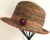 Refurbished Hat, Woven Fedora, Paper Fiber, Earth Tone Colors, Summer, Womans Accessory