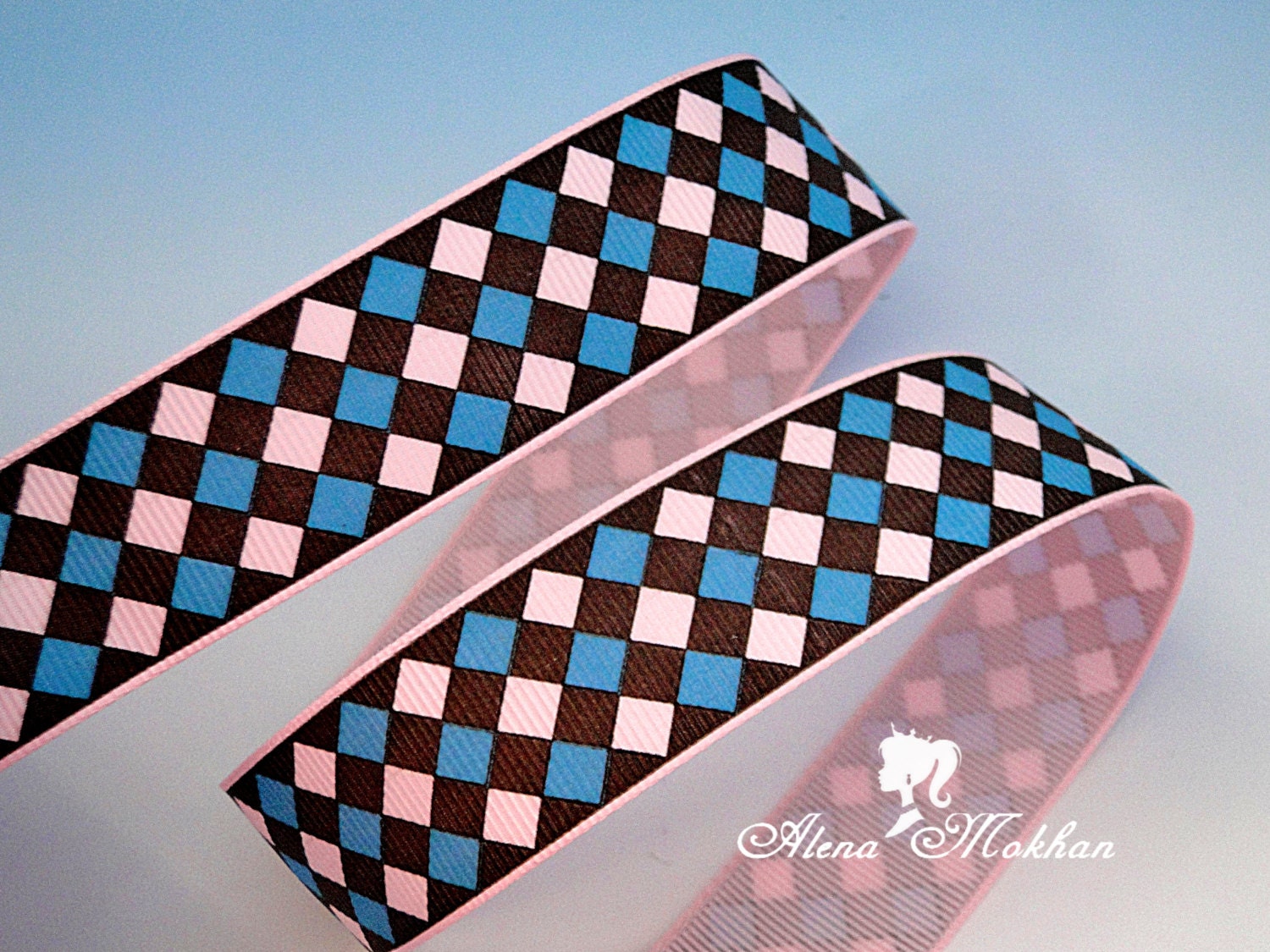3 yards 1" ARGYLE Pink Brown Turquoise  Printed Grosgrain Ribbon
