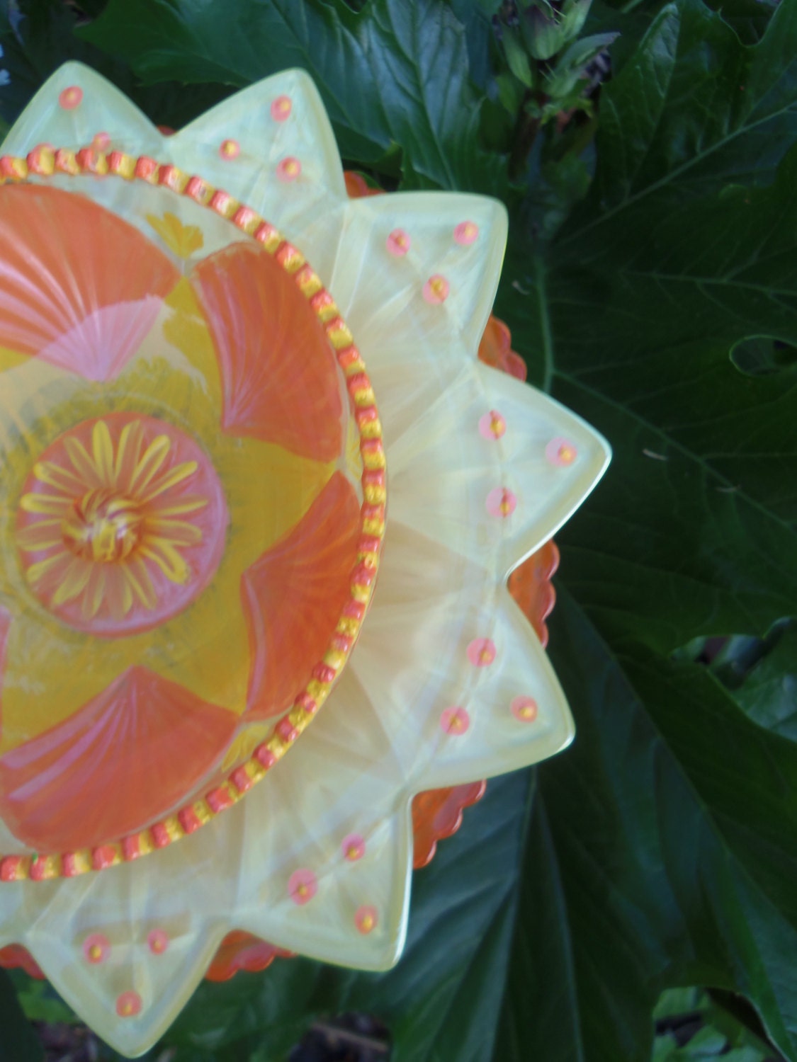 Garden Art - Glass Plate Flower - Hand Painted in Bright Orange & Bright Yellow - Garden Decor - Sun catcher - Garden Sculpture - Yard Art