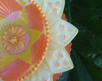 Garden Art - Glass Plate Flower - Hand Painted in Bright Orange & Bright Yellow - Garden Decor - Sun catcher - Garden Sculpture - Yard Art