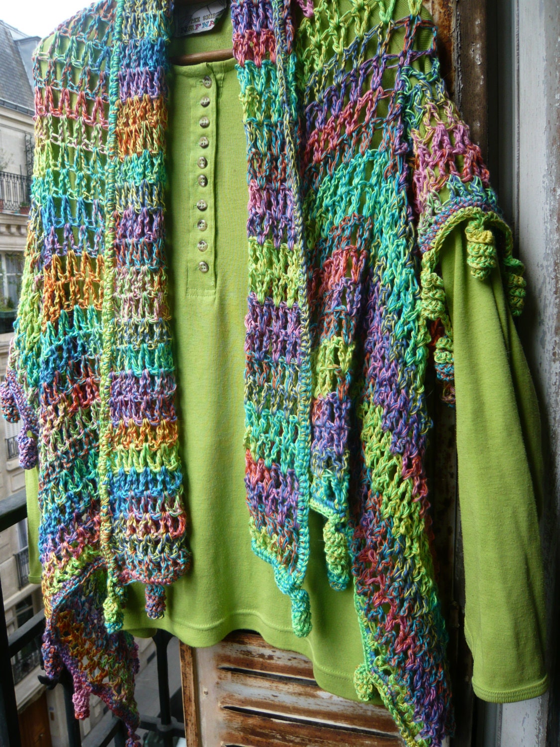 handmade crochet spring,summer rainbow,multicolor,hippy,psychedelic shrug,bolero,sweater,vest,jacket,short sleeves, with twisted curls,OOAK