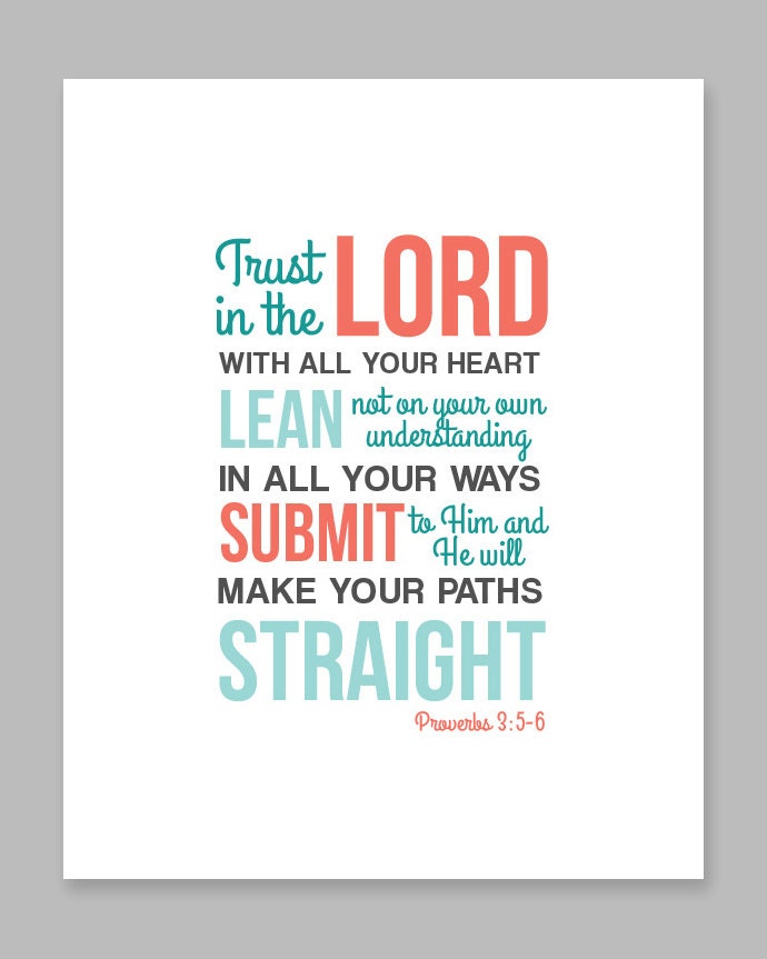 Bible Scripture Verse Wall Art Print Typography: Proverbs 3 5-6 Trust in the Lord